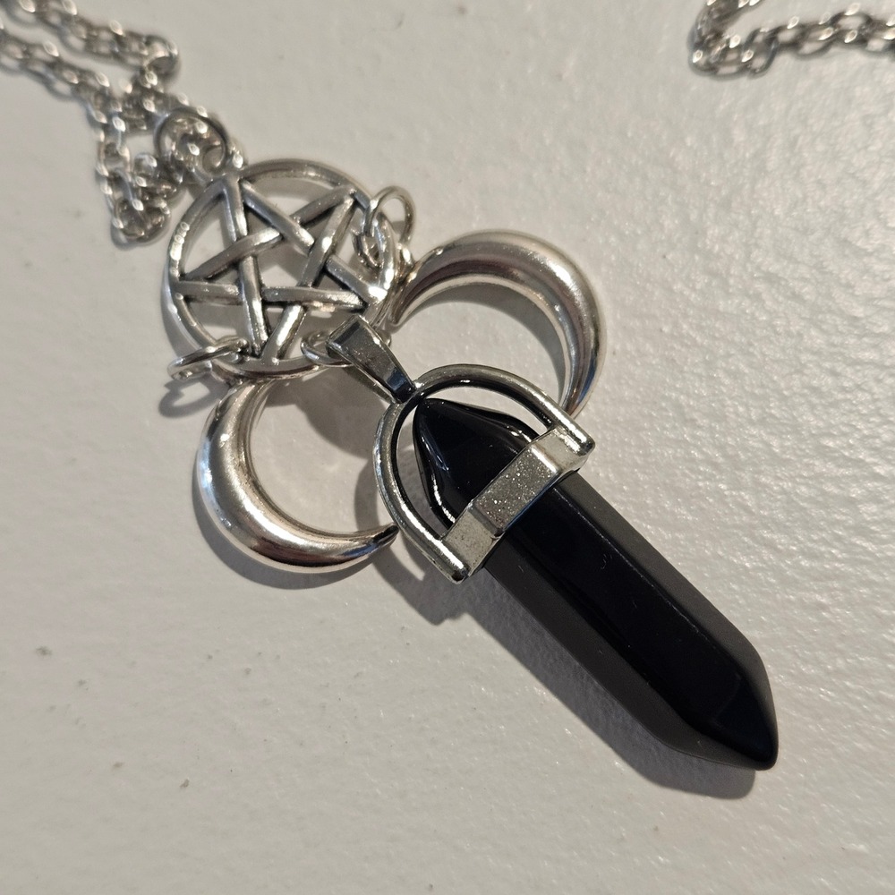 Black Crystal Point Pentagram Triple Moon Necklace Goth Alt Witchy Obsidian NEW